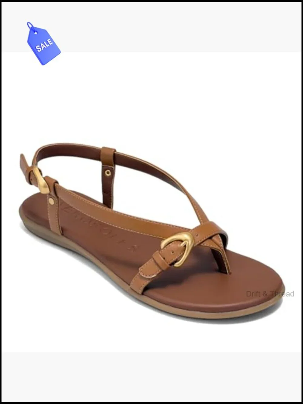 Faux Leather Flat Sandals with Adjustable Buckle Ankle Strap Ortholite